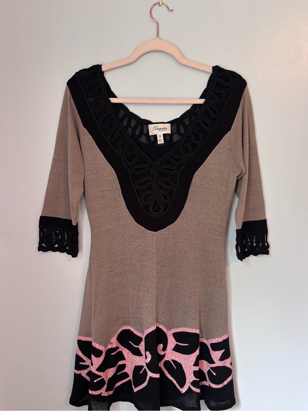 Temperley London Taupe Black & Pink Embroidered V-Neck Tunic